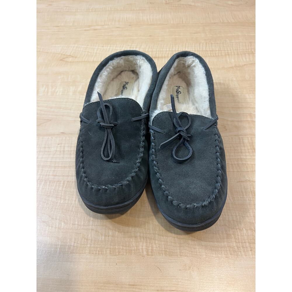Men's Moccasin MySlippers Dark Grey Leather And Faux Shirling‎ Lined Size 10